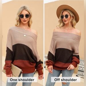EXLURA Womens Off Shoulder Batwing Sleeve Loose Oversized Pullover Sweater L/XL.